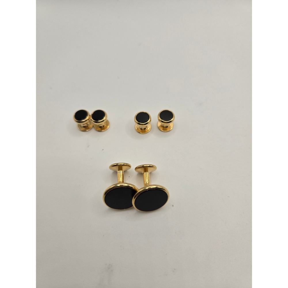 Gold Tone Black Onyx Style Cufflinks and 4 Shirt Studs Formal Tuxedo Set